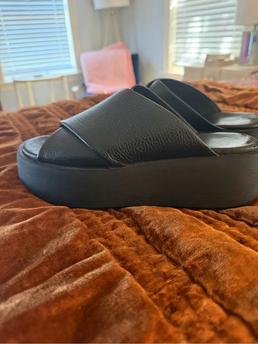 Anthropologie Black Leather Crisscross Slide Sandals